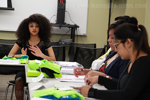 Savannah Villanueva, Student Government Association secretary, speaks to members regarding ideas on revamping student life on campus during meeting on April 4 Room 204 on Main Campus. Photo by Christina Quintanilla