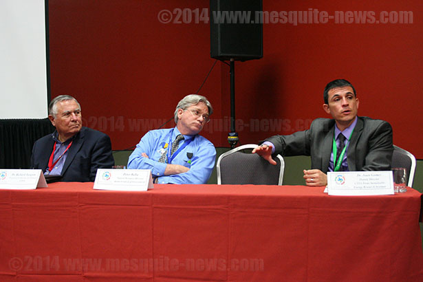 Richard Tangum, UTSA architecture and planning professor; Peter Bella, Alamo Area Council of Governments natural resource director; and Juan Gomez, UTSA Texas Sustainable Energy Institute deputy director, answer questions regarding infrastructure problems in the Eagle Ford Shale. Gomez said the region must be proactive and optimize the ways it uses energy, food and water during a "Issues and Demand to Infrastructure in the EF Region" panel April 22 at the Eagle Ford Consortium Conference at the Henry B. Gonzales Convention Center. Photo by Cassandra Martinez
