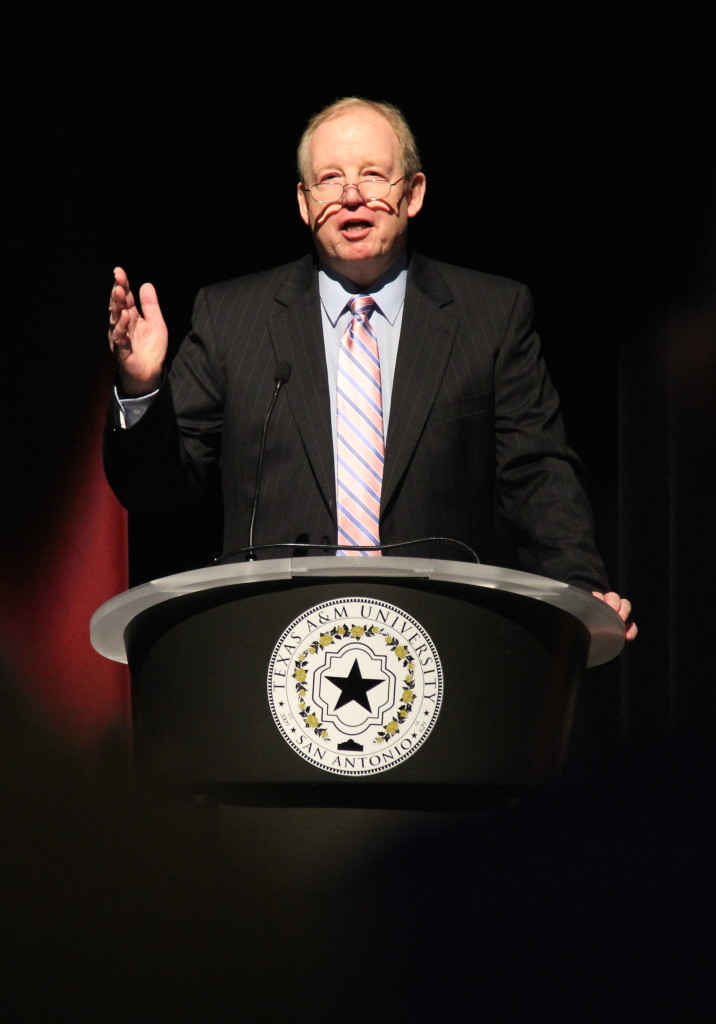Provost Brent Snow shares his feelings about moving to the Central Academic Building and calls the mile drive to the building "the miracle mile" during the Faculty and Staff Convocation Aug. 22. Photo by Monica Lamadrid