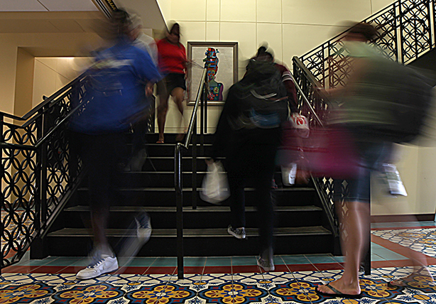 Students fill the stairwell in the Senator Frank L. Madla Building on Oct. 2. Texas A&M University-San Antonio anticipated a higher increase in enrollment. Photo by Andrew Martinez