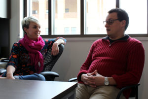 Biology professors Megan Wise de Valdez and Rodolfo Valdez Barillas talking on Thursday, February 14, 2019 at Texas A&M University-San Antonio. They were reminiscing about how they met during a trip. Photo by Deidre Carrillo.