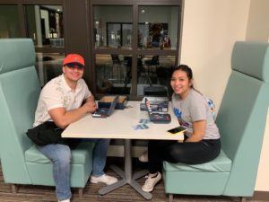 Luis Allenby and his girlfriend Michelle Cazares on Thursday, February 14, 2019 at Texas A&M University-San Antonio. They were playing Battleship in the student Game Room, while waiting for Cazares’ next class to begin and their Valentine's dinner planned for later that evening. Photo by Danielle Lateef.